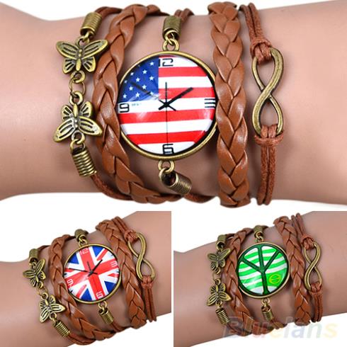 Hot Fashion Female Girl Women Vintage Butterfly Decoration Bracelet Faux Leather Weave Bangle Wristband 0SDN
