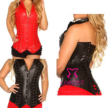Plus Size Faux Leather Halter Collared Steampunk Corset Steel Boned Waist Training Corsets Long Line Bustier Women’s Corselet