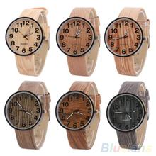 Mujeres de cosecha de madera de grano de cuero de imitación de bronce números romanos analógica vestido de pulsera de cuarzo 2893