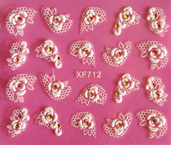 Europe beauty white flower rose lace carved 3D nail art stickers 3D nail stickers tools XF712