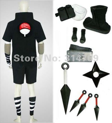 Amime Naruto Cosplay Costume- Uchiha Sasuke 2nd Black Men's Costume Set with Weapons,Halloween / Party Cosplay