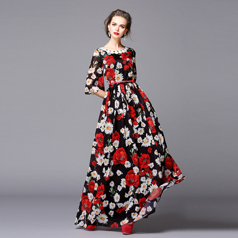 2015 Women runway fashion spring dress elegant long sleeve flower prints designer maxi dress casual beach dress 2015 D5076