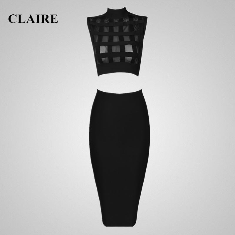 Claire Sunshine 2015 Winter Black Sleeveless Knee Length O Neck Runway Ladies Dress Womans 2 Two Piece HL Bandage Dresses 1356
