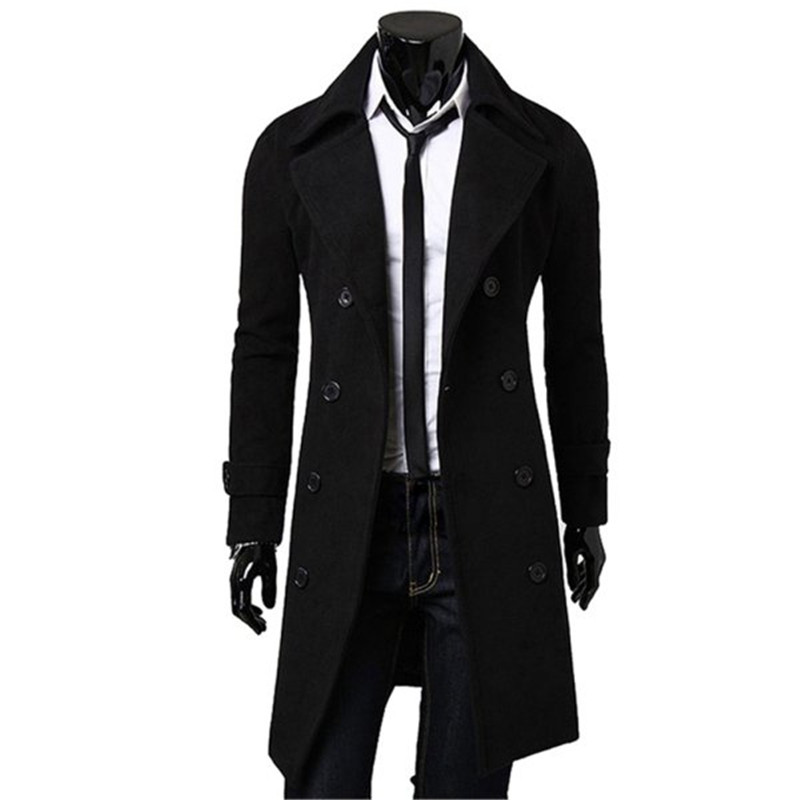 Men Outwear Slim Stylish Trench Coat Winter Long Jacket Double Breasted Overcoat Woolen Coat