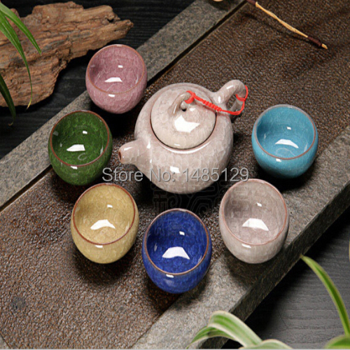 Fujian High grade crackle glaze seven piece Tea set porcelain Tea pot Puerh Teapot Gift box