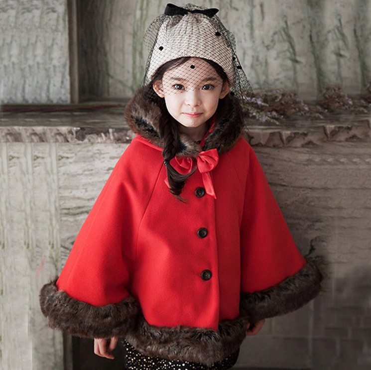 Winter Children Clothes 2015 Winter Kids Girls Red Thick Fur Collar Coat Cape Children Cotton Lining Cape Coats Outwear