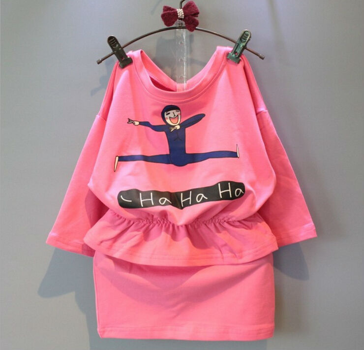 Wholesale  Fashin Long Sleeved  Girls T Shirt / Long Tops + Skirt   Children 2PC Dress Set  Casual Girls Dress Suit Pink Navy