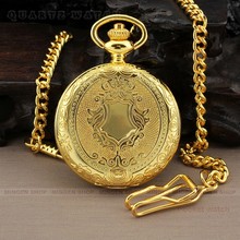 PQ094 Men Dress Gold Round Case Quartz Pocket Watch + Chain