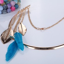 Fashion Women Hot Jewelry Round Rose Gold Bib Collar Chain Blue Feather Dangle Necklace For Women