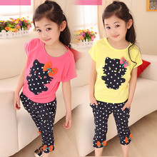2016 girls clothing Bowknot hello kitty patterns girls 2 piece set baby girl clothes Summer Short sleeve 4-10Y Children Clothing