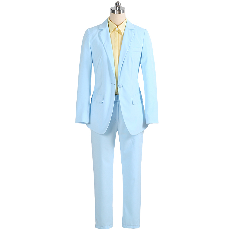 Мода женские брюки костюмы 2015 новинка длинный блейзер длинные брюки 2 шт. женщин устанавливает голубой одного buttton тонкие формальные костюмы