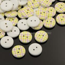 2-Hole Flat Round Tartan Pattern Printed Wooden Sewing Buttons, Dyed, ChampagneYellow, 13x4mm, Hole: 4mm