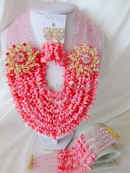 Fabulous Baby Pink Crystal and Pink Coral Party Nigerian Wedding African Coral  Beads Jewelry Set Free Shipping CPS3787