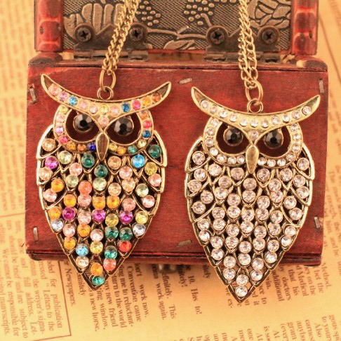 2014 Brand Designer Vintage Black Eye Colorful Rhinestone Acrylic Alloy Owl Chain Necklace Fashion Jewlery For