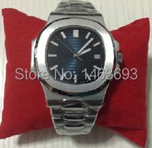 2014 nuevos hombres de reloj de movimiento automático pp hombres visten relojes de acero inoxidable de vuelta de vidrio transparente nobel alta calidad cara azul