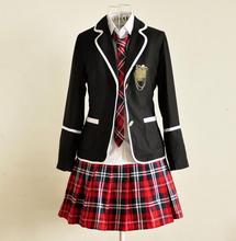 Japanese School Girl Uniform Cosplay England lolita Costume Black Red Tartan Dress Surcoat