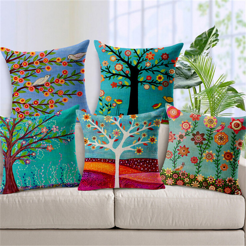 Hand Painted Flower Tree Print Cushion Covers For Sofa Cotton Linen Car