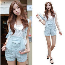2015 Korean summer lady loose ripped denim overalls plus size casual denim shorts pants suspenders Jumpsuits Rompers women jeans