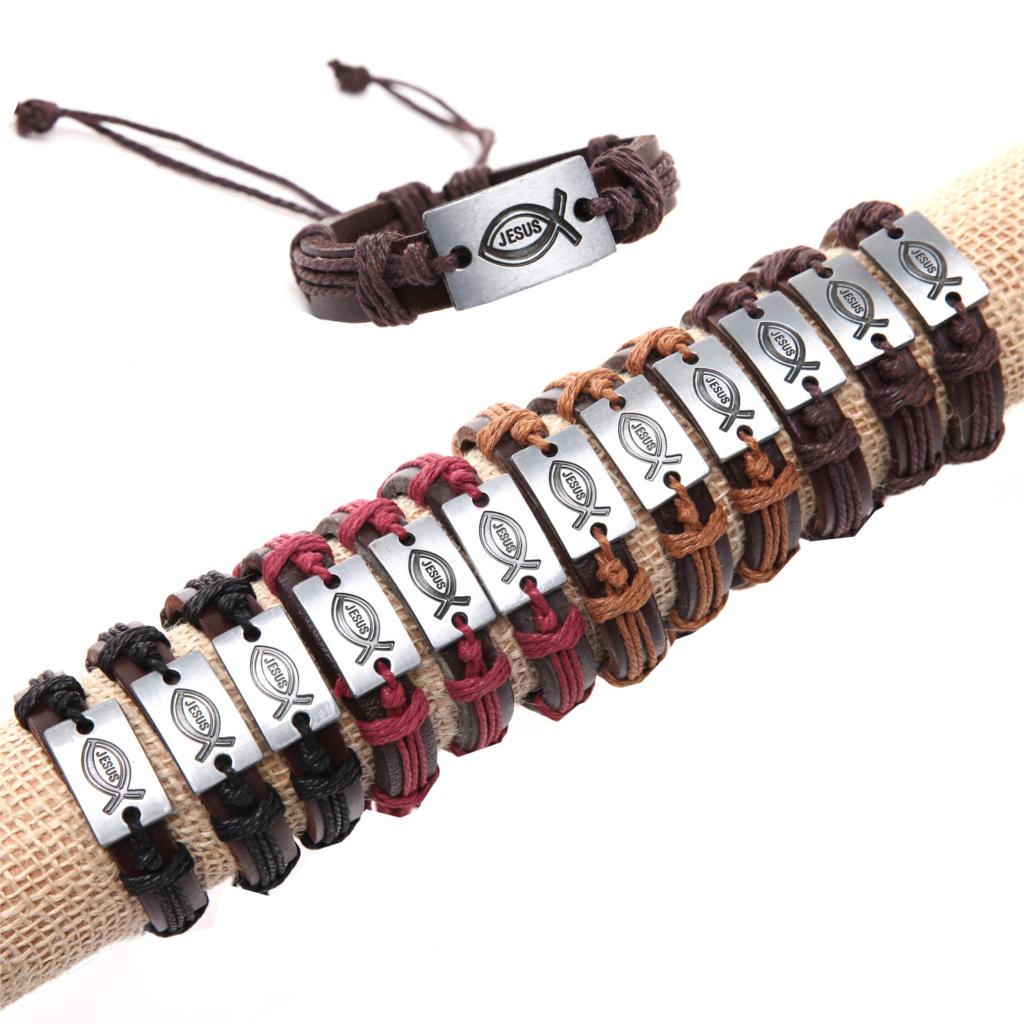 Wholesale 12pcs lot New Fashion Metal JESUS Fish Charms 4 Color tribe Genuine Leather bracelets Men