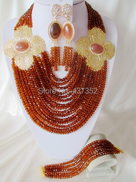 Luxury 15layers Flower Brown African Nigerian Wedding Beads Jewelry Set Bridal Jewelry Sets Free Shipping CPS-3161