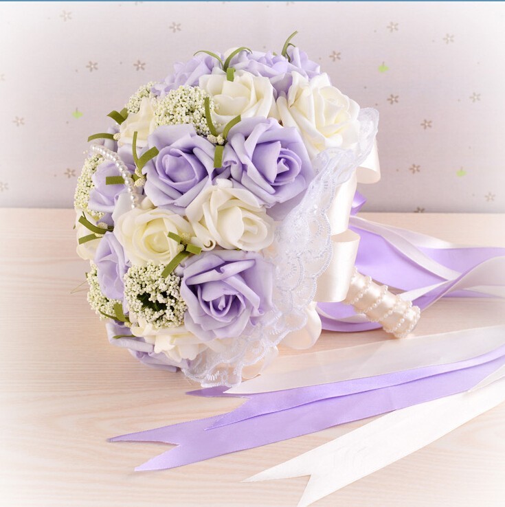 2015 Beautiful Purple Wedding Bouquet All Handmade Bridal Flower Wedding Bouquets Artificial Pearls Flower Rose Bouquet