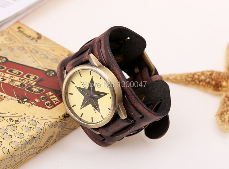 Retro Leather pointer Watch Bracelet Dress Watches Men And Women Casual Wide Leather Bangle Watch Free