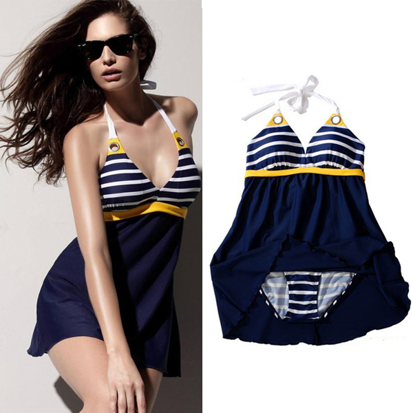 New Sexy Stripe Plus Size Padded Navy Blue Halter Skirt Swimwear Women One Piece Swimsuit Beachwear