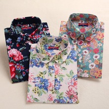 New Floral Ladies Blouses Cotton Long Sleeve Shirt Women Leisure Turn-down Collar Women Top Elegant Plus Size Tops Fashion 2016