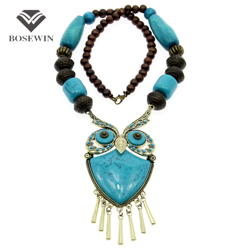 Fashion Tibetan Style Women Statement Necklaces Wood Chain Turquoise Big Owl Necklaces Pendants Boho Jewelry Maxi