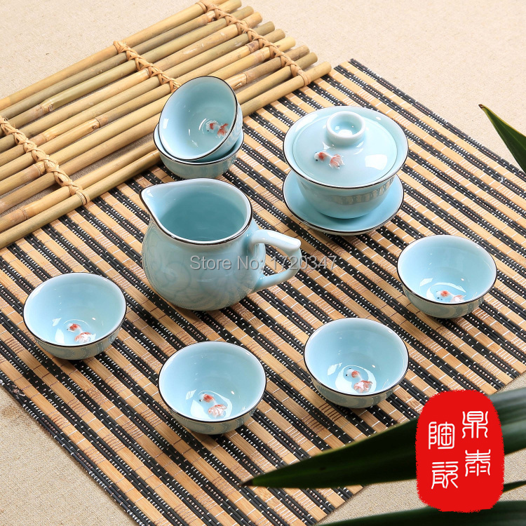 Chinese KungFu Tea Set Longquan Celadon Goldfish Embossed Tea Set Eight piece Set