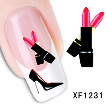 XF1231 Fashion Water Transfer Nail Art Stickers Decal Mystery high heeled shoes and lipstick design