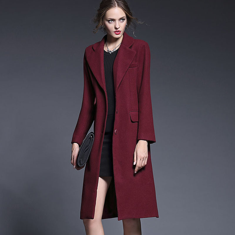 Brand Runway Coat New 2016 Fashion Women Full Sleeve Turn-Down Collar Dark Red Two Pockets Brief Slim Long Wool Coat