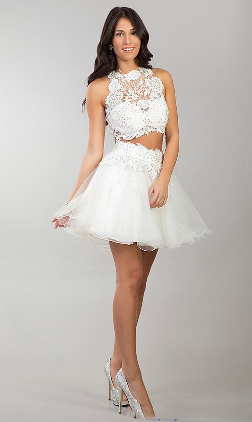 2015 Semi Formal Dress Two Piece White Short Homecoming Dresses With High Necks Elbise Party Gown
