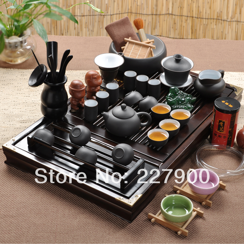 Wood Tea Tray Ceramic Kung Fu Tea Set Tea Service White And Black