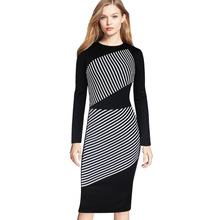 Womens Elegant Tartan Stripe Color Block Optical Illusion Tunic Slim Casual Wear to Work Bodycon Pencil Dress