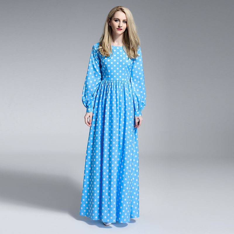 Europe Fashion New 2015 Summer Russian Style Lantern Sleeve Exquisite Polka Dot Print Slim Elegant Long Dresses