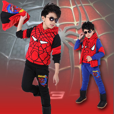 2015 Winter Spiderman Children Clothing Sets(Coat+Vest+Sport Pants),Casual Boys Clothes,Superman Cotton Kids Clothes Set,110-150
