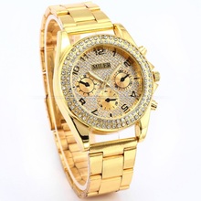 Lujo MILER nueva moda inoxidable caja oro de Bling Crystal Ladies Relogio del análogo de cuarzo de pulsera mujeres Rhinestone relojes de vestir