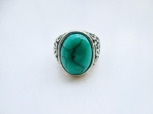 Vintage Retro Tibetan Silver Plated Round Turquoise Stone Ring For Men Fashion Turquoise Jewelry Wholesale Free