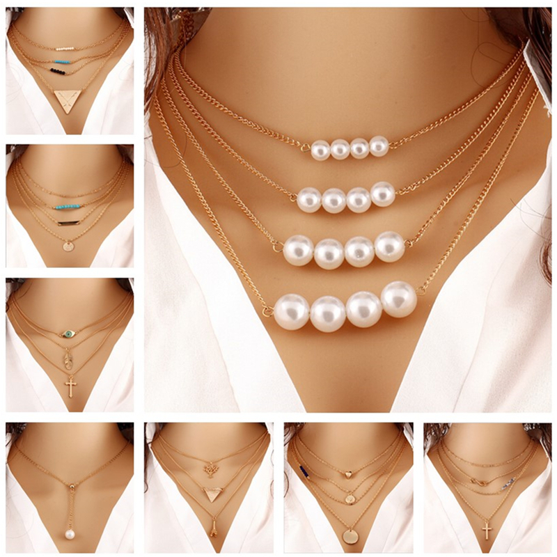 multi layer necklace gold arrow pearl cross eye beads charm bohemian necklace collar choker with pendant