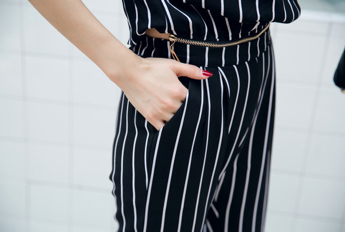 Women summer short sleeve stand collar long pants jumpsuits Black striped skinny leg two pieces jumpsuit Mesh long pant rompers8