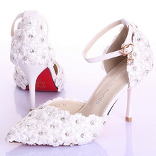 2015 White/Pink/Red Lace Flower Rhinestone Bridal Shoes High Thin Heels Party Shoes Pointed Toe Sandals Crystal Wedding Shoes