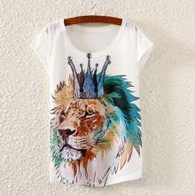 Ink Crown Lion Printed 2016 Summer Style Women’s White Loose Casual Shorts Sleeve Tops & Tees T-Shirt Women Fashion Clothing