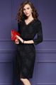 Elegant Pencil Dress Ladies Work Office Dress V Neck Three Quarter Sleeve Jacquard Slit Pencil Work