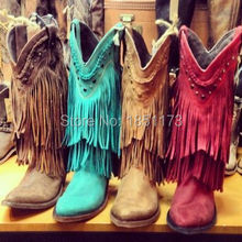 Bohemia Style Gladiator Women Mid-calf Low Heel Motorcycle Boots Fringed Cowboy Boots Shoes Spring Autumn Women Tassel Boots