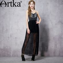 Artka Women’s Spring New Embroidery Lace Patchwork Spaghetti Strap Dress Vintage V-Neck Empire Waist Ankle-Length Dress LX13961C