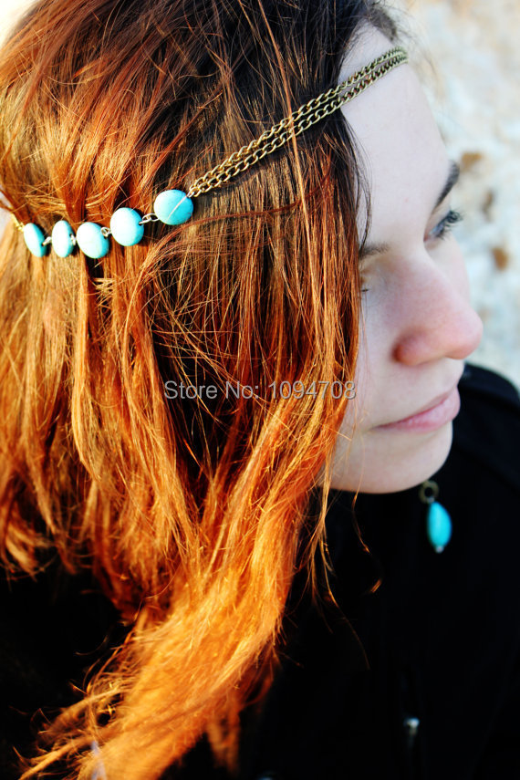 HC,044 Turquesa Con Cuentas Bronce Headchain Tocado de Boda de Playa de Estilo Bohemio