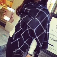 Lady Women Blanket Black White Plaid Cozy Tartan Checked Scarf Wraps Shawl