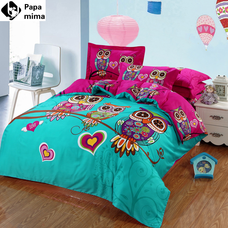 bedding set 4pcs/3pcs cotton kids king queen twin size pink blue owl 3d bed duvet quilt cover cartoon bedsheet bedclothes linen