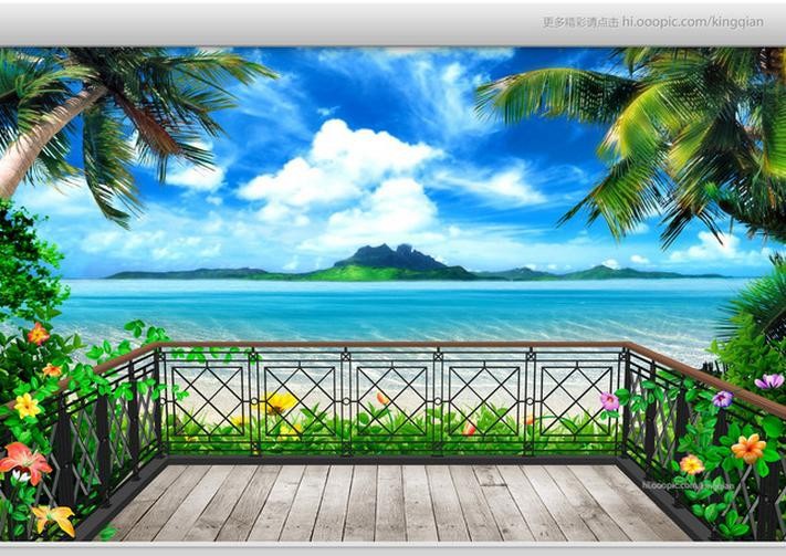 Wholesale Custom 3d Wallpaper Murals 3 D Fantasy Balcony Beach Seascape Tv Setting Wall 